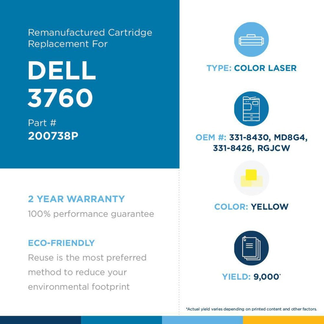 Clover Technologies Remanufactured High Yield Laser Toner Cartridge - Alternative for Dell (C3760 331-8430 MD8G4 331-8426 RGJCW331-8426 RGJCW) - Yellow Pack