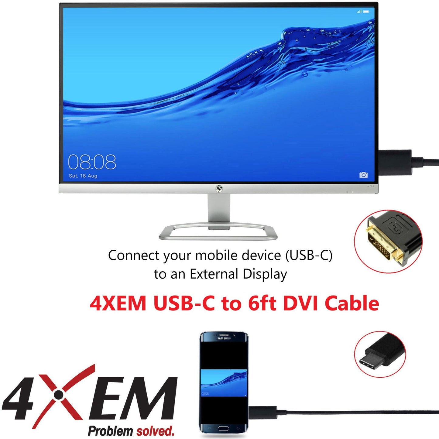 4XEM USB-C to DVI Cable 6ft-Black