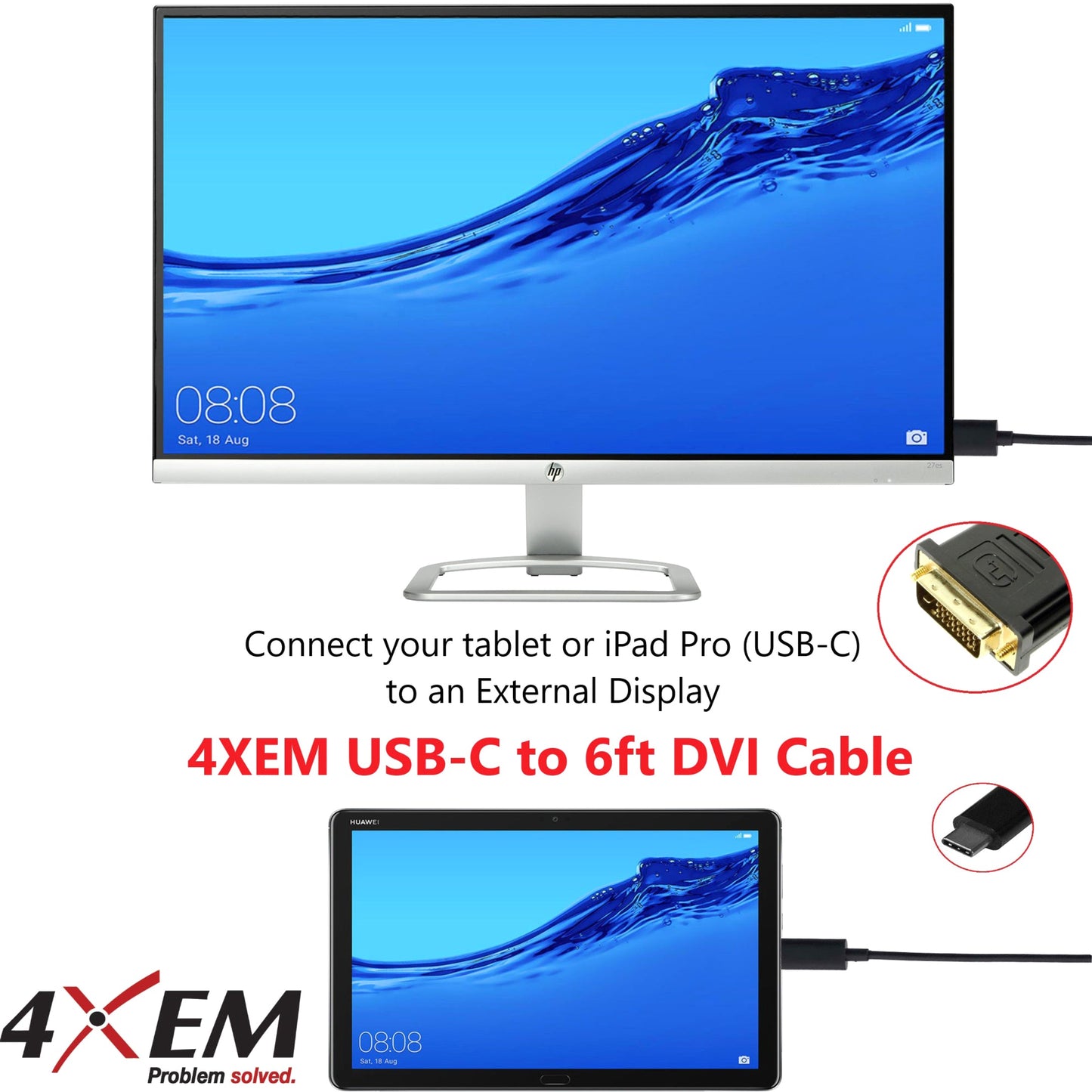 4XEM USB-C to DVI Cable 6ft-Black