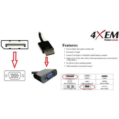 4XEM 10 Inch DisplayPort To VGA Adapter Cable