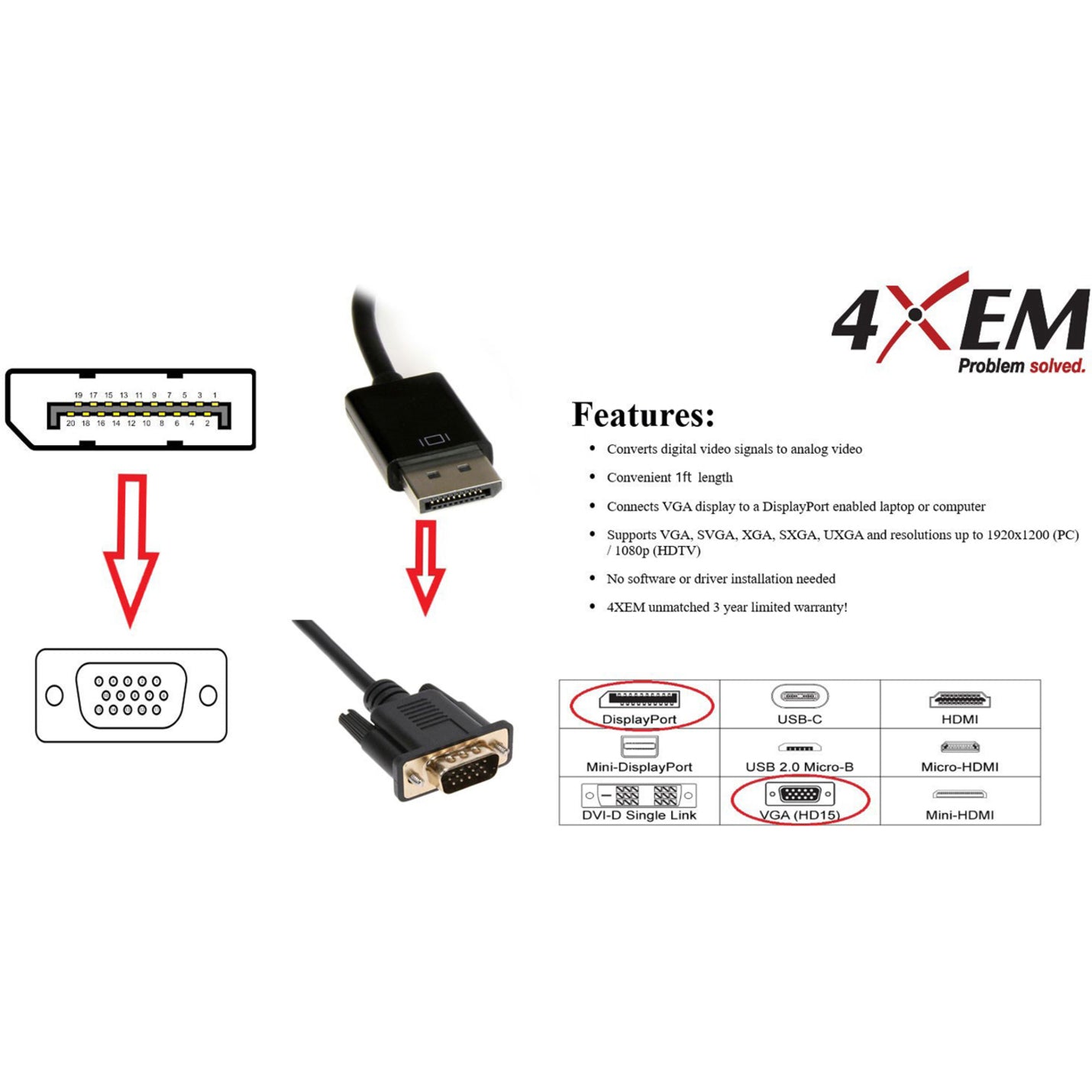 4XEM DisplayPort To VGA Adapter Cable