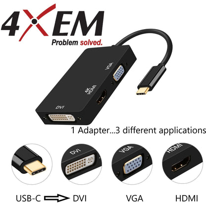 4XEM 3 in 1 USB Type C Hub To HDMI DVI VGA Adapter