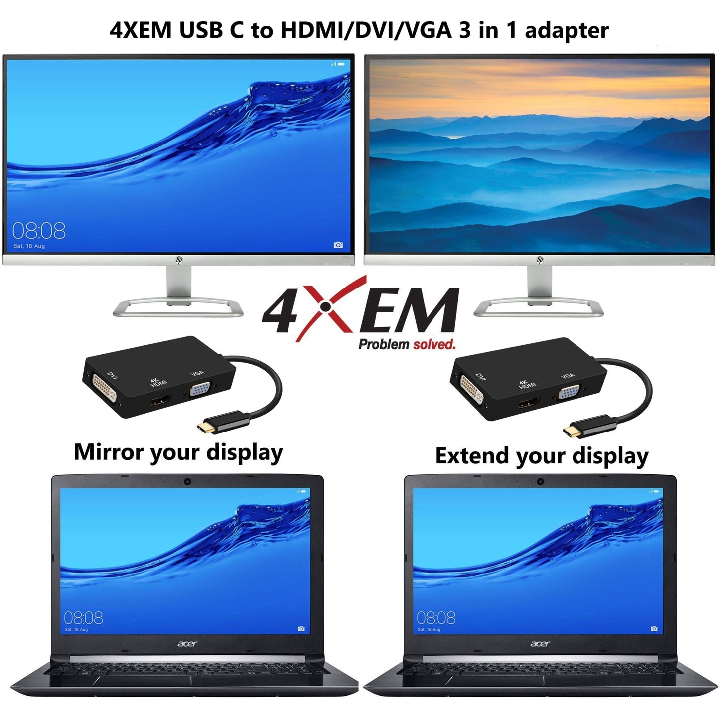 4XEM 3 in 1 USB Type C Hub To HDMI DVI VGA Adapter