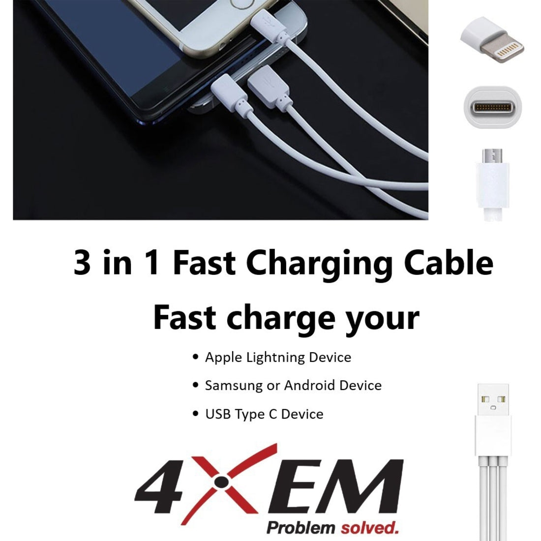 4XEM USB To Lightning Micro USB and USB Type C Cable For iPhone/iPod/iPad/Galaxy