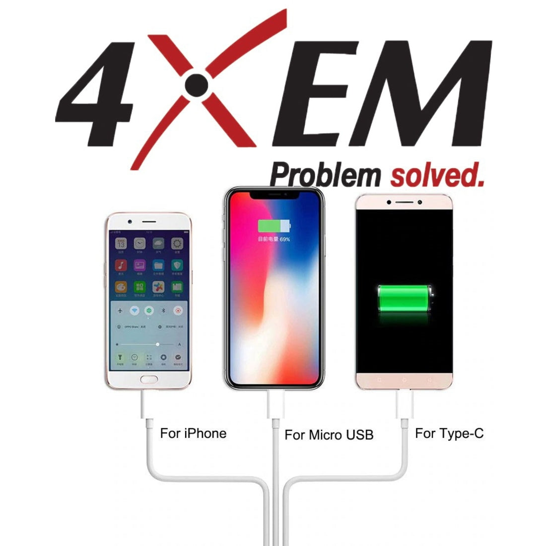 4XEM USB To Lightning Micro USB and USB Type C Cable For iPhone/iPod/iPad/Galaxy