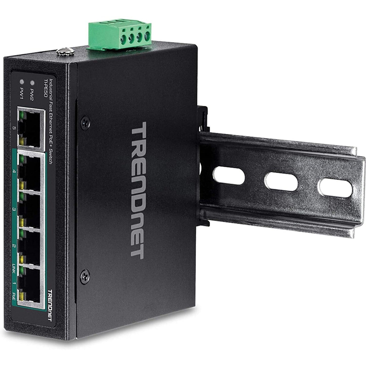 TRENDnet 5-Port Industrial Fast Ethernet DIN-Rail Switch 4 x Fast Ethernet PoE+ Ports 1 x Fast Ethernet Port 90W PoE Power Budget DIN-Rail IP30 Rated Lifetime Protection Black TI-PE50