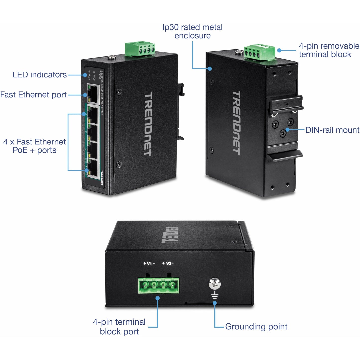 TRENDnet 5-Port Industrial Fast Ethernet DIN-Rail Switch 4 x Fast Ethernet PoE+ Ports 1 x Fast Ethernet Port 90W PoE Power Budget DIN-Rail IP30 Rated Lifetime Protection Black TI-PE50