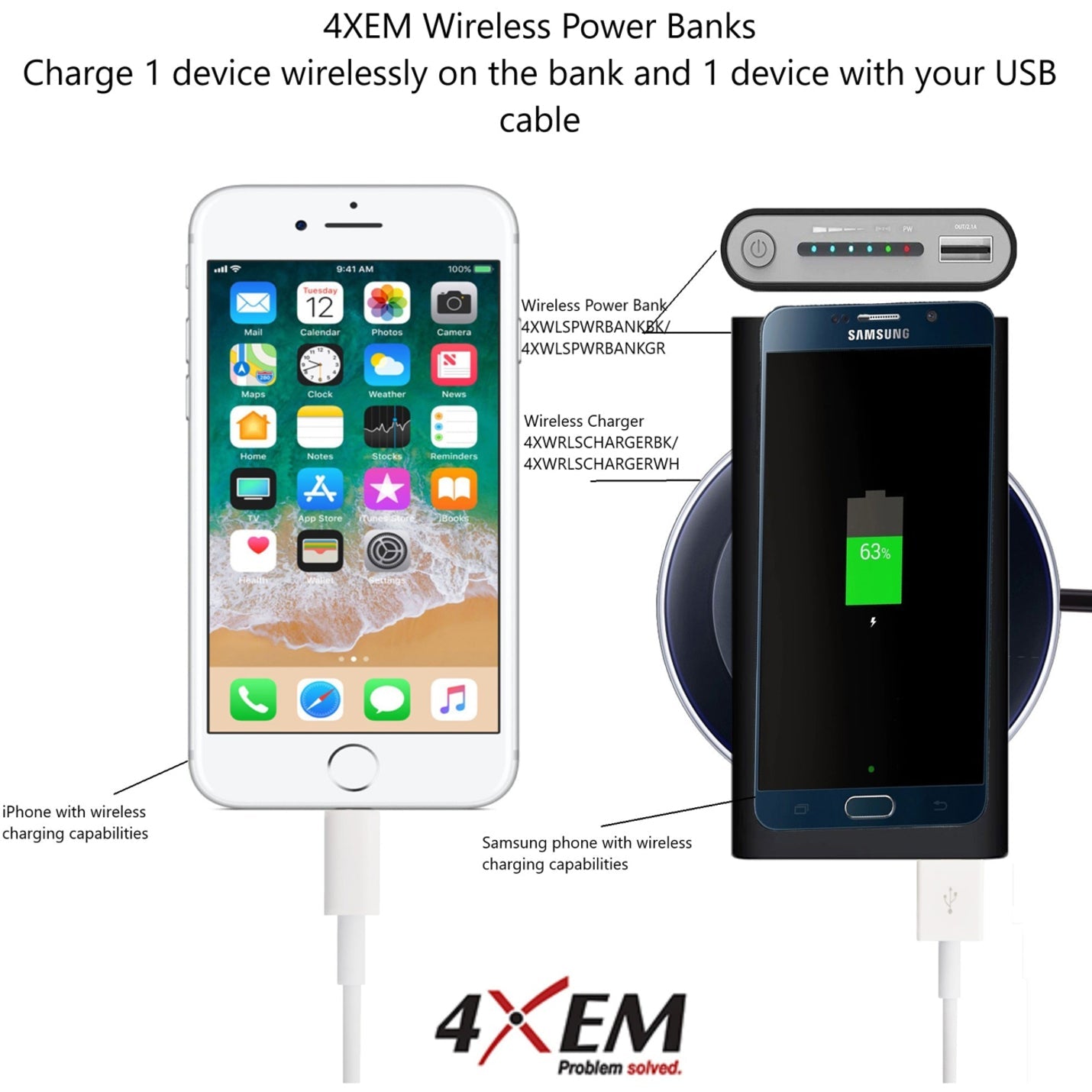 4XEM Fast Wireless Charging Power Bank Black