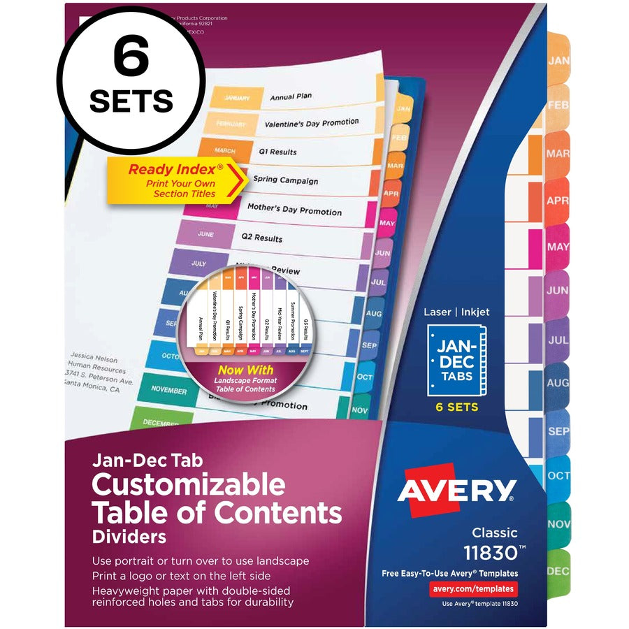 Avery&reg; Ready Index 12 Tab Dividers Customizable TOC 6 Sets