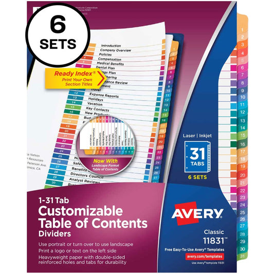 Avery&reg; Ready Index 31 Tab Dividers Customizable TOC 6 Sets