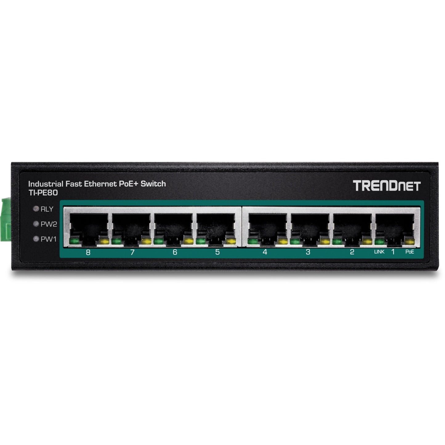 TRENDnet 8-Port Industrial Fast Ethernet PoE+ DIN-Rail Switch;TI-PE80;8 x Fast Ethernet PoE+ Ports;IP30 Network Unmanaged Switch;200W PoE Power Budget; 1.6Gbps Switching Capacity; Lifetime Protection