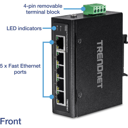 TRENDnet 5-Port Industrial Unmanaged Fast Ethernet DIN-Rail Switch 5 x Fast Ethernet Ports IP30 Operating Temperature Range of (- 40 - 75 &deg;C (- 40 - 167 &deg;F) Lifetime Protection Black TI-E50