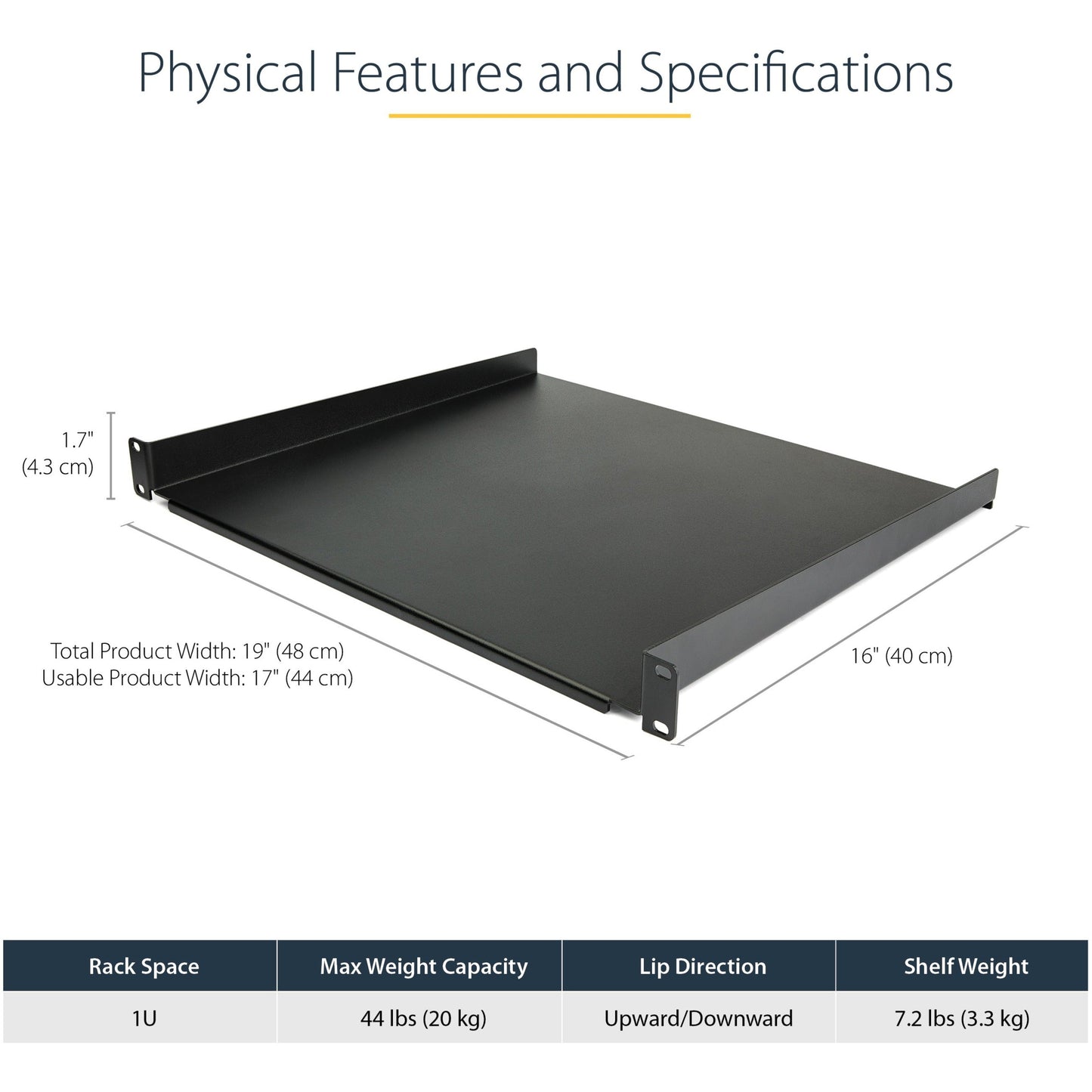 StarTech.com 1U Server Rack Cabinet Shelf - Fixed 16" Deep Cantilever Rackmount Tray for 19" Data/AV/Network Enclosure w/cage nuts screws