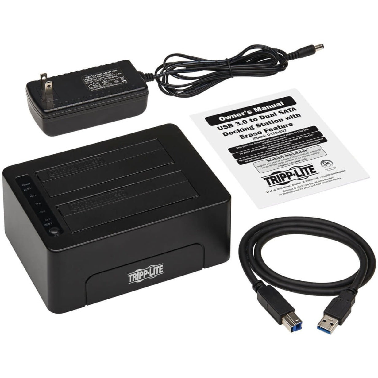 Tripp Lite 2-Bay USB 3.0 SATA Hard Drive Docking Station with Erase Function 2.5 and 3.5 in. HDD and SSD