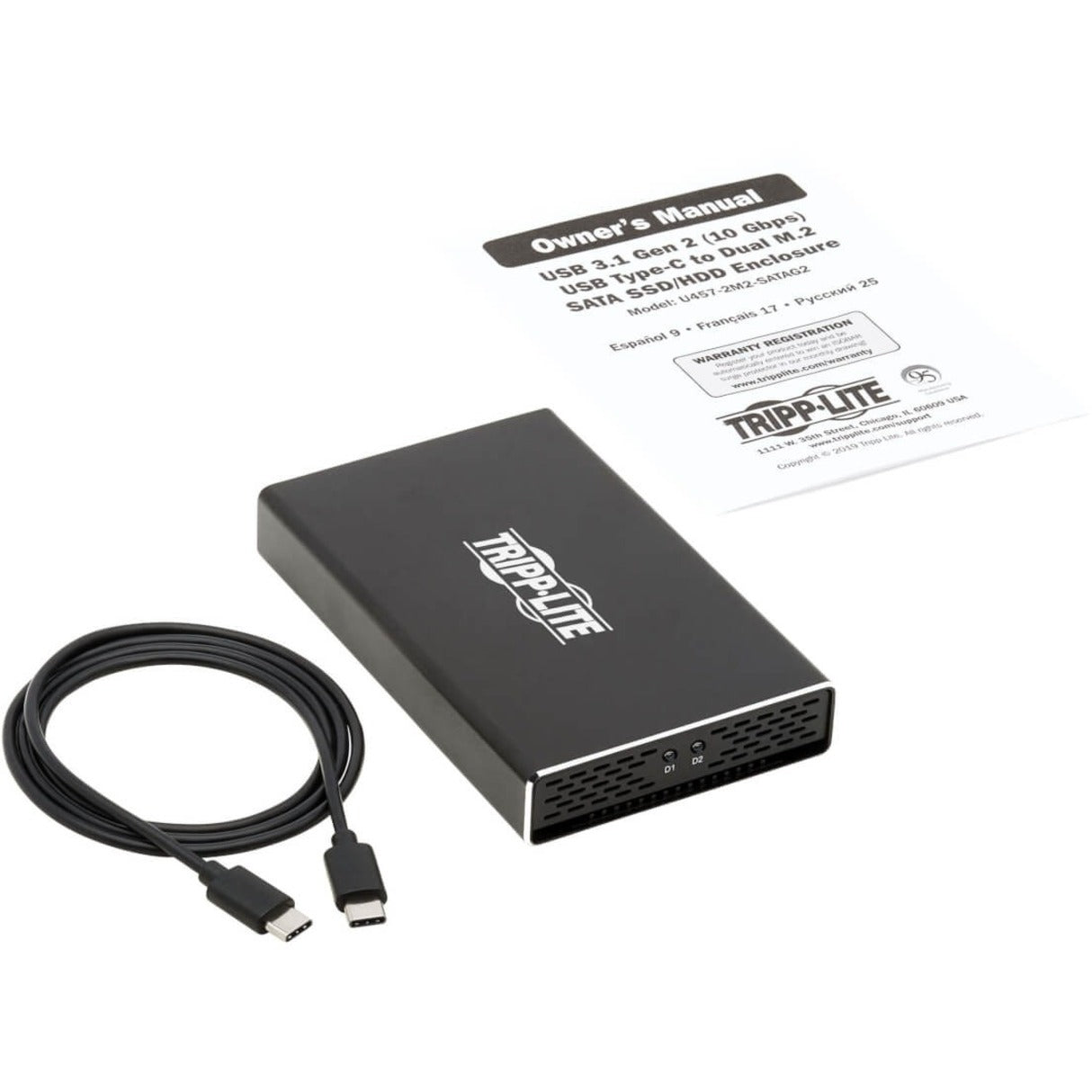 Tripp Lite USB-C to Dual M.2 SATA SSD/HDD Enclosure Adapter USB 3.1 Gen 2 (10 Gbps) Thunderbolt 3 UASP RAID