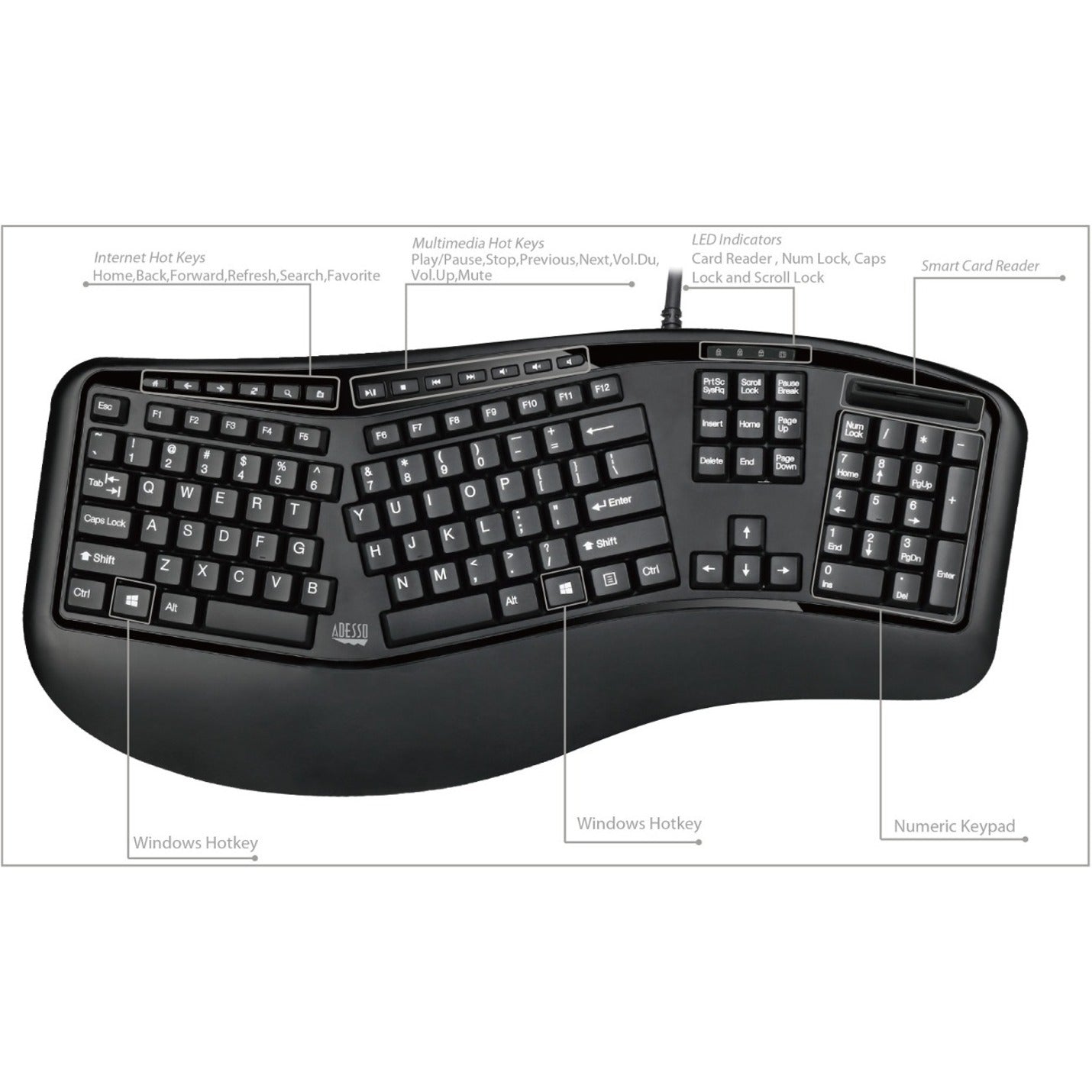 Adesso Desktop Ergonomic Smart Card Reader Keyboard (TAA Compliant)