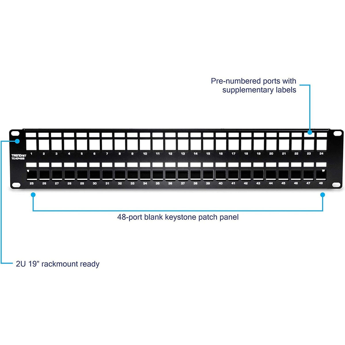 TRENDnet 48-Port Blank Keystone Shielded 2U HD Patch Panel TC-KP48S 2U 19" Metal Rackmount Housing Network Management Panel Recommended with TC-K06C6A Cat6A Keystone Jacks (sold separately)