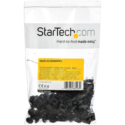 StarTech.com 50pc 10-32 Server Rack Cage Nuts and Screws w/Washers - Network/IT Rack Mount Hardware Kit - Clip/Captive Nuts & Bolts Black