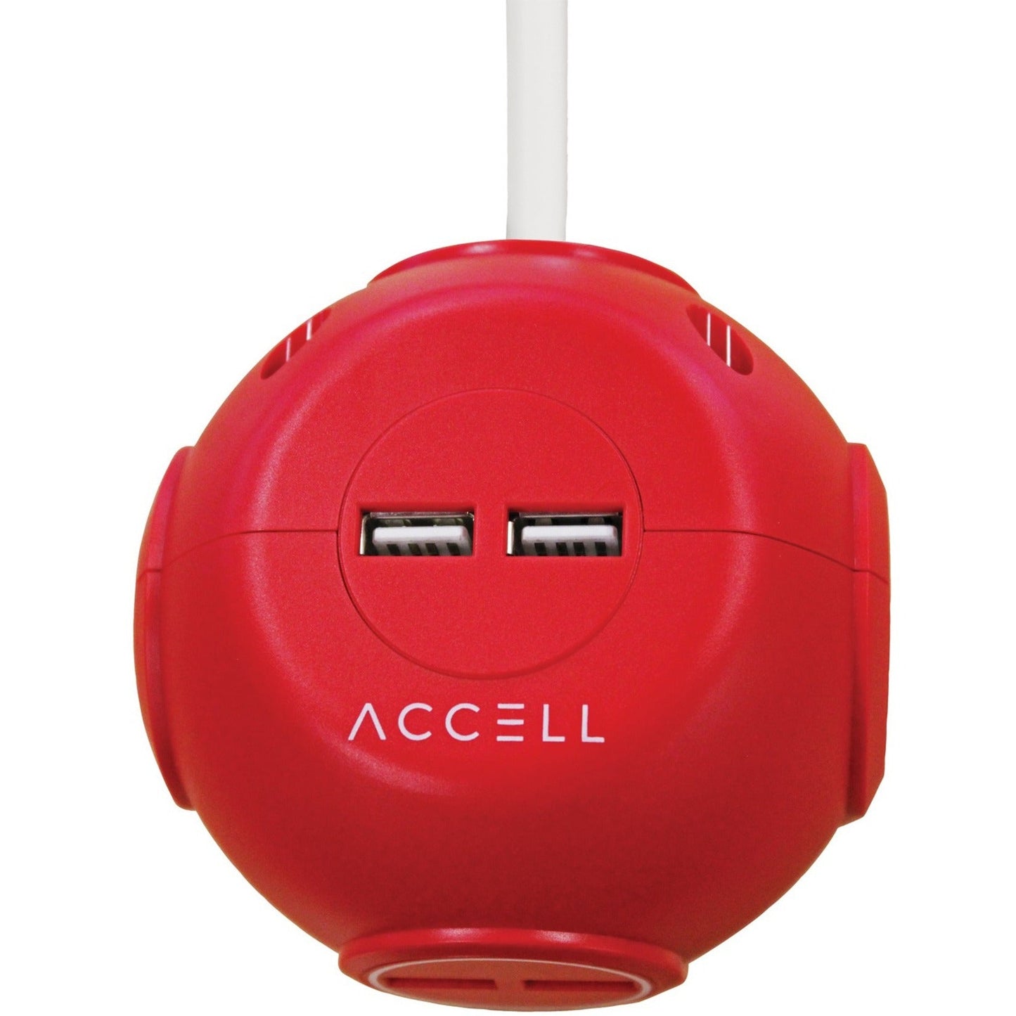 Accell Power Cutie - Compact surge protector with 3 540J surge protected AC outlets and 4 USB-A charging ports 6ft cord red