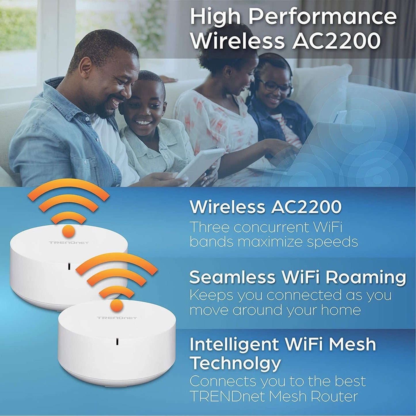 TRENDnet AC2200 WiFi Mesh Router;TEW-830MDR;1xAC2200 WiFi Mesh Router;App-Based Setup;Expanded Wireless Internet(Up to 2;000 Sq Ft.Home);Content Filtering w/Router Limits Software;Supports 2.4GHz/5GHz