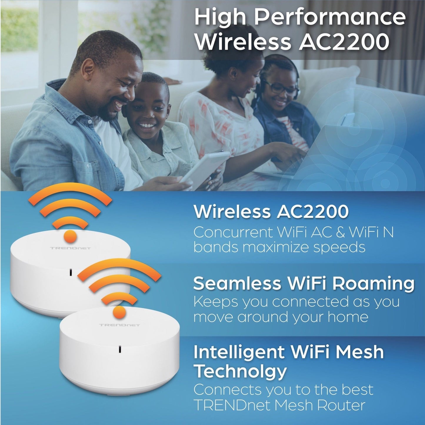 TRENDnet AC2200 WiFi Mesh Router System; TEW-830MDR2K;2 x AC2200 WiFi Mesh Routers; App-Based Setup; Expanded Home WiFi(Up to 4;000 Sq Ft. Home); Content Filtering w/Router Limits;Supports 2.4Ghz/5GHz