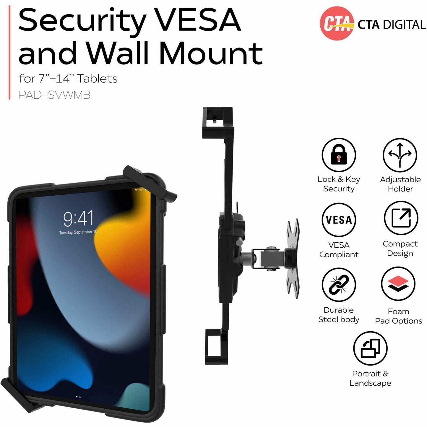 CTA Digital Security VESA and Wall Mount for 7-14 Inch Tablets including the iPad 10.2-Inch (7th/ 8th/ 9th Gen.) Black