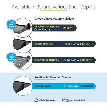 StarTech.com 2 Post Server Rack Shelf - Vented - Center Mount - Up to 75 lb. - 2 post Network Rack Shelf (CABSHF2POSTV2)