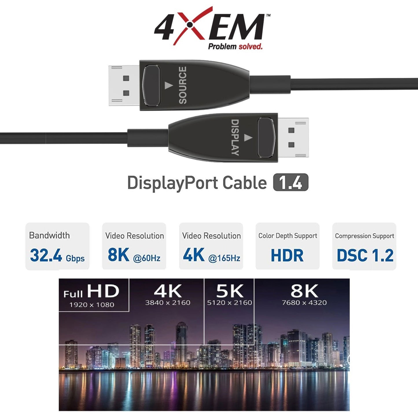 4XEM 30M 100FT Active Optical Fiber 1.4 DisplayPort Cable