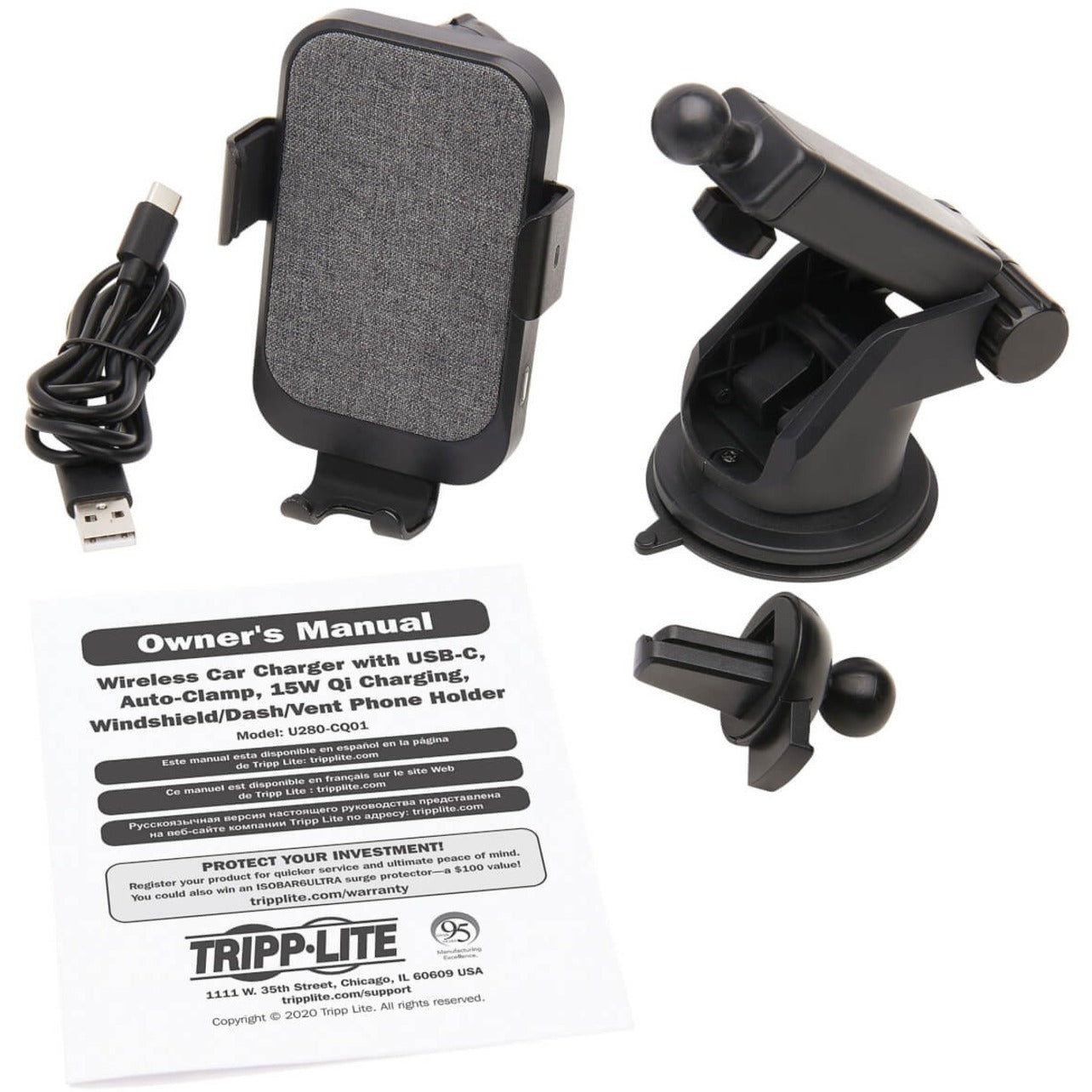 Tripp Lite Wireless Car Charger 15W Fast Charging USB-C Apple and Samsung Compatible Windshield/Dash/Vent Phone Holder