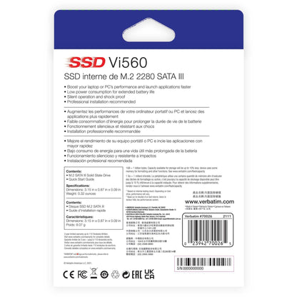 Verbatim Vi560 256 GB Solid State Drive - M.2 2280 Internal - SATA (SATA/600)