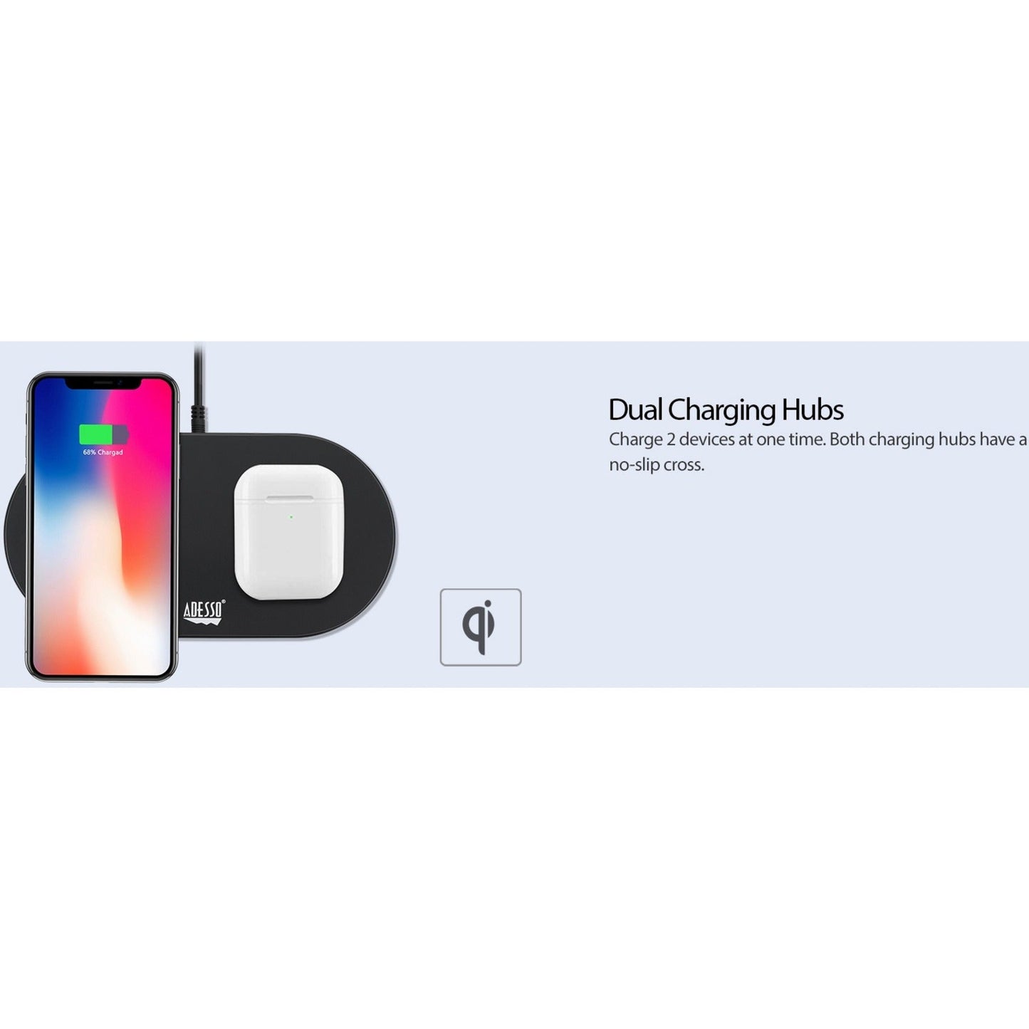 Adesso 15W Max Qi-Certified Dual 2-Coil Wireless Fast Charging Pad