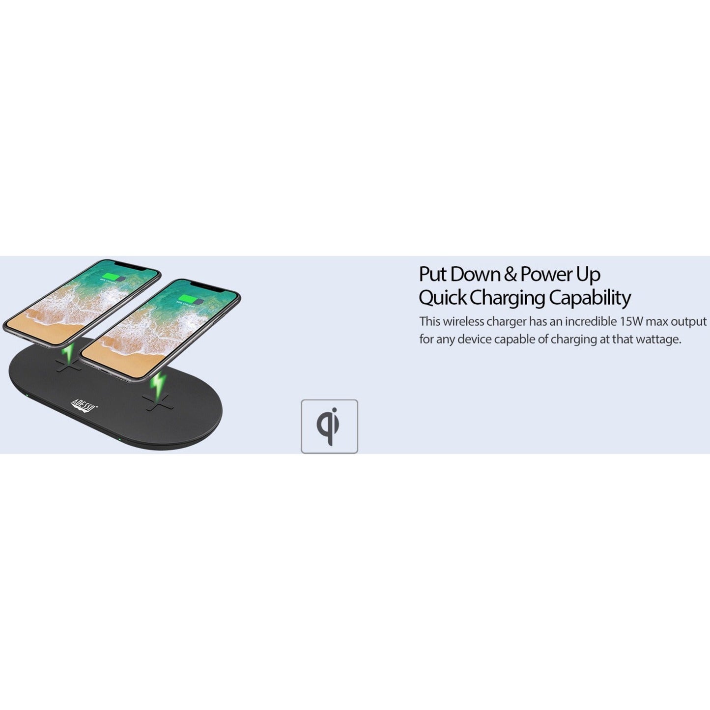 Adesso 15W Max Qi-Certified Dual 2-Coil Wireless Fast Charging Pad