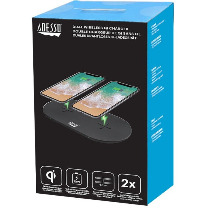 Adesso 15W Max Qi-Certified Dual 2-Coil Wireless Fast Charging Pad