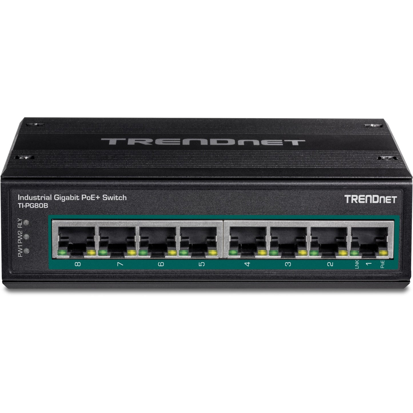 TRENDnet 8-Port Hardened Industrial Unmanaged Gigabit 10/100/1000Mbps DIN-Rail Switch w/ 8 x Gigabit PoE+ Ports; TI-PG80B; 24 ? 56V DC Power inputs with Overload Protection