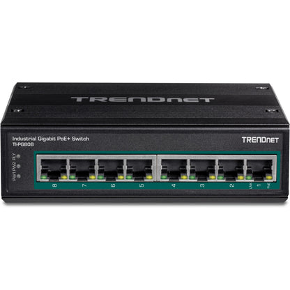 TRENDnet 8-Port Hardened Industrial Unmanaged Gigabit 10/100/1000Mbps DIN-Rail Switch w/ 8 x Gigabit PoE+ Ports; TI-PG80B; 24 ? 56V DC Power inputs with Overload Protection
