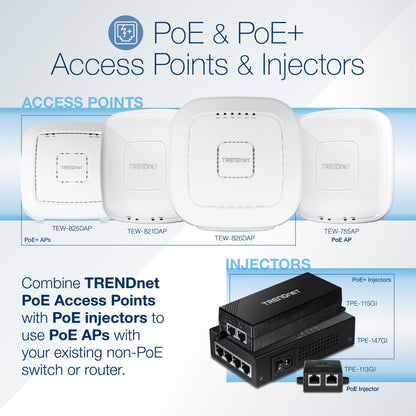 TRENDnet 65W 4-Port Gigabit PoE+ Injector TPE-147GI 4 x Gigabit Ports(Data in) 4 x gigabit PoE Ports(Data + PoE Out) Multi-Port PoE+ Injector up to 100m(328 ft.) Add PoE+ Power to Non-PoE Switch