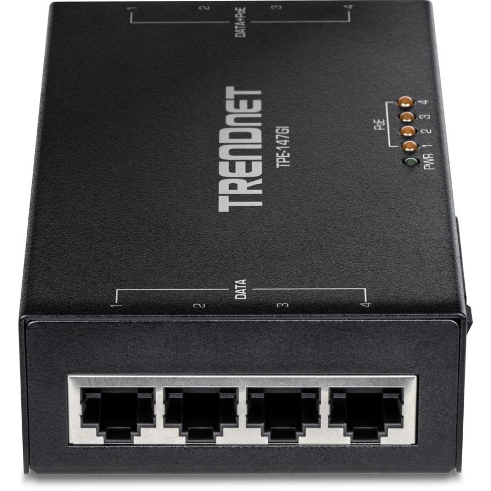 TRENDnet 65W 4-Port Gigabit PoE+ Injector TPE-147GI 4 x Gigabit Ports(Data in) 4 x gigabit PoE Ports(Data + PoE Out) Multi-Port PoE+ Injector up to 100m(328 ft.) Add PoE+ Power to Non-PoE Switch