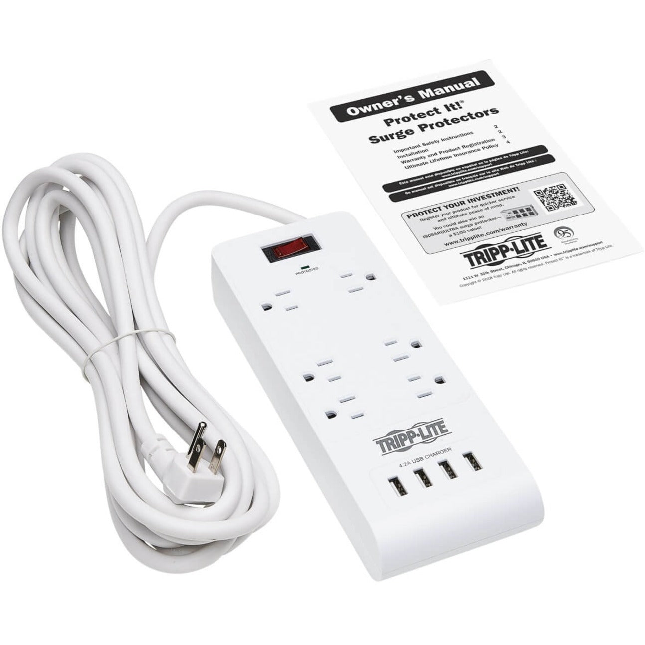 Tripp Lite 6-Outlet Surge Protector with 4 USB Ports (4.2A Shared) 15 ft. (4.57 m) Cord 5-15P Plug 900 Joules White