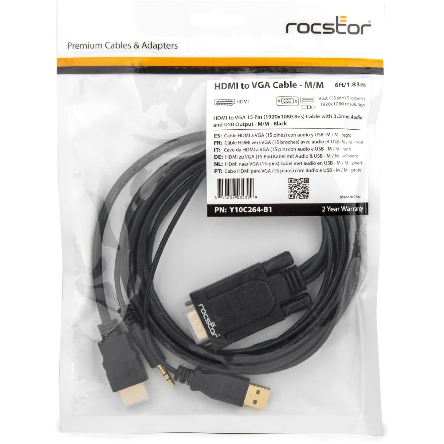 Rocstor Premium 6ft VGA to HDMI Converter Cable with Power and Audio Support M/M