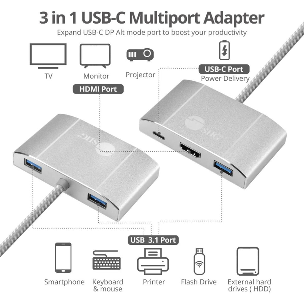 SIIG USB 3.1 Type-C Hub with HDMI & PD Charging Adapter - 4K Ready
