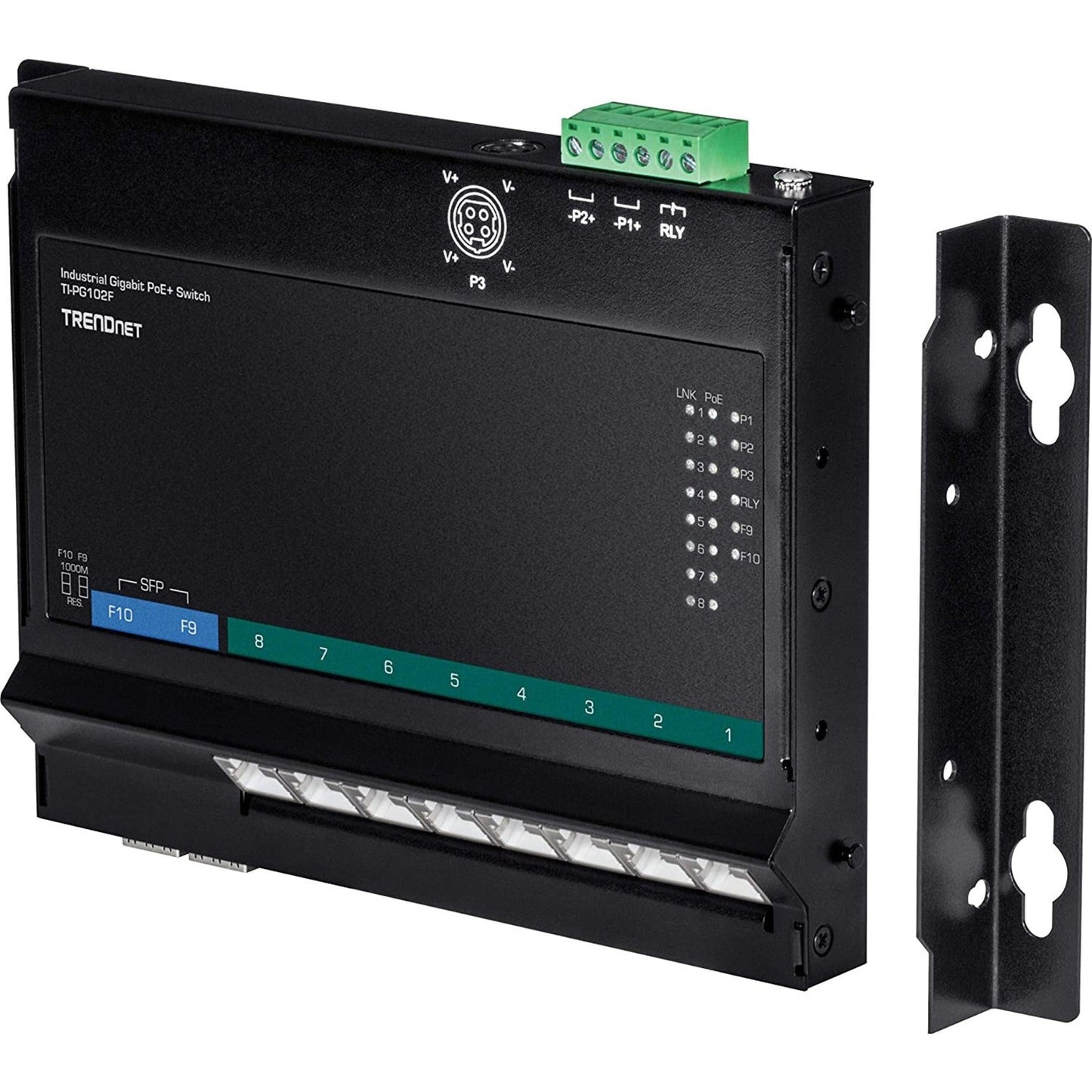 TRENDnet 10-Port Industrial Gigabit PoE+ Wall-Mounted Front Access Switch; TI-PG102F; 8x Gigabit PoE+ Ports; 2 x Gigabit SFP Slots; 240W PoE Budget; DIN-Rail & Wall Mount Brackets Included; IP30 Rated
