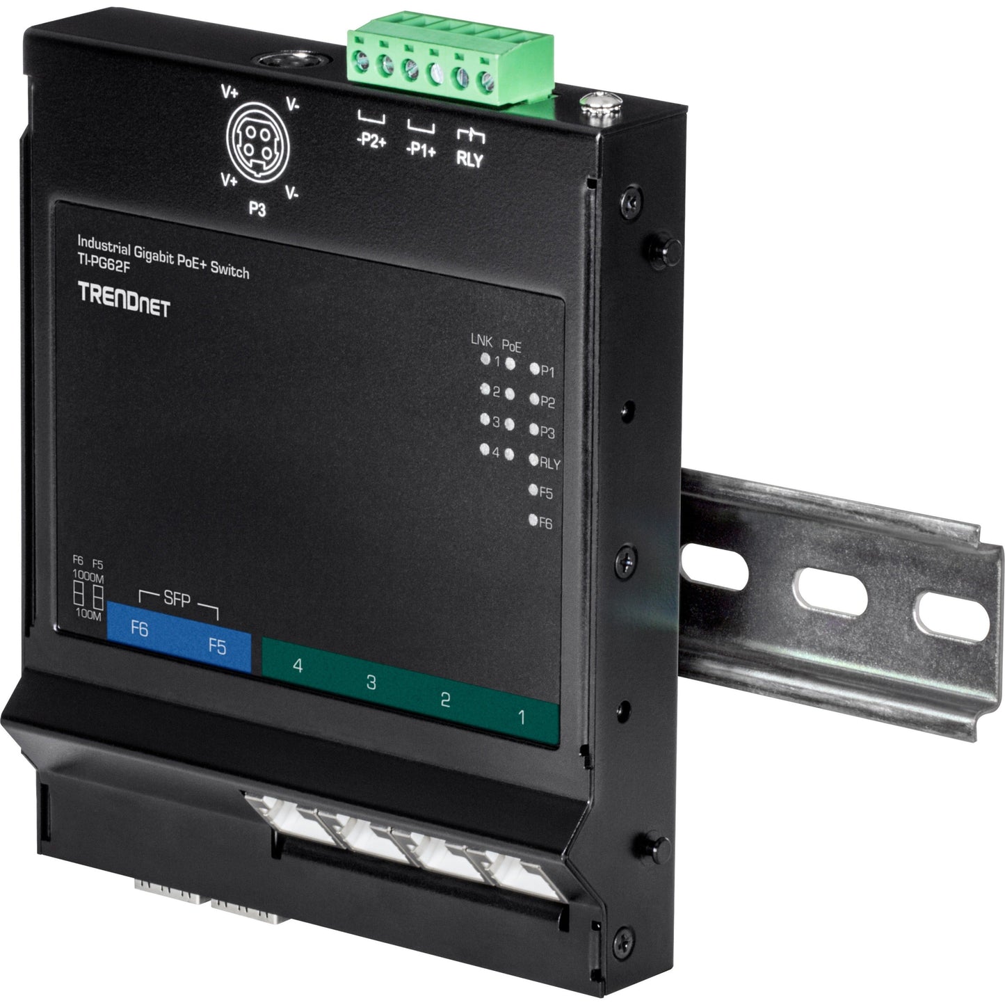 TRENDnet 6-Port Industrial Gigabit PoE+ Wall-Mounted Front Access Switch TI-PG62F 4 x Gigabit PoE+ Ports 2 x Gigabit SFP Slots DIN-Rail Wall Mount Brackets Included IP30 120W PoE Budget
