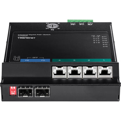 TRENDnet 6-Port Industrial Gigabit PoE+ Wall-Mounted Front Access Switch TI-PG62F 4 x Gigabit PoE+ Ports 2 x Gigabit SFP Slots DIN-Rail Wall Mount Brackets Included IP30 120W PoE Budget
