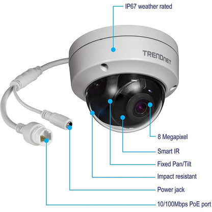 TRENDnet Indoor Outdoor 8MP 4K H.265 120dB WDR PoE Dome Network Camera IP67 Weather Rated Housing SmartCovert IR Night Vision Up To 30m (98 ft.) MicroSD Card Slot White TV-IP1319PI
