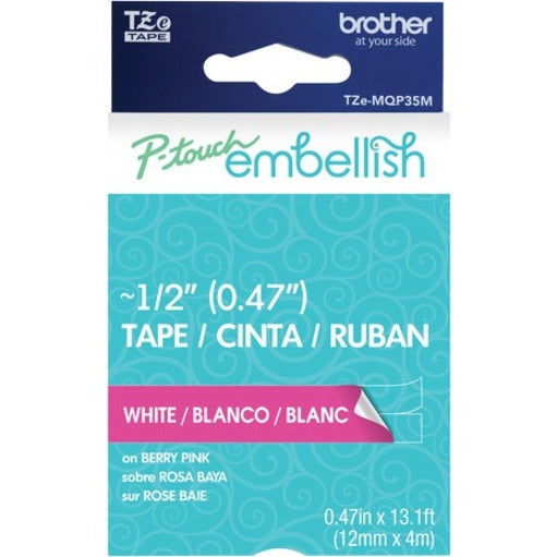 Brother P-touch Embellish White on Black Washi Tape 12mm (~1/2") x 4m