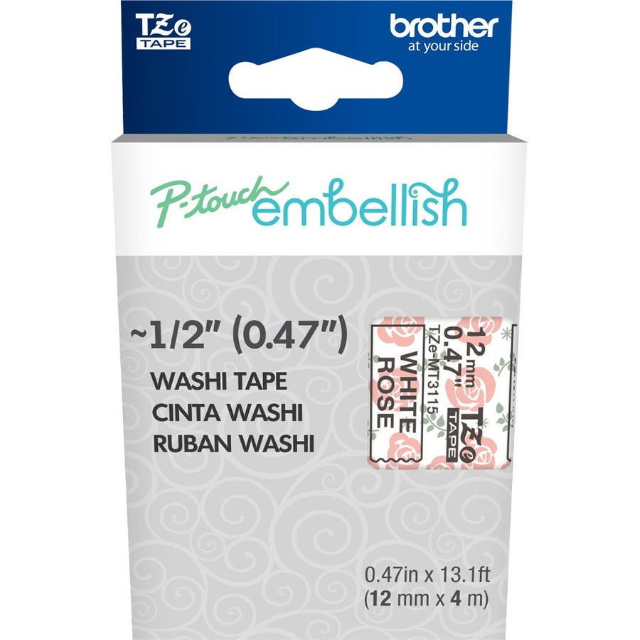 Brother P-touch Embellish Black on White Rose Washi Tape 12mm (~1/2") x 4m