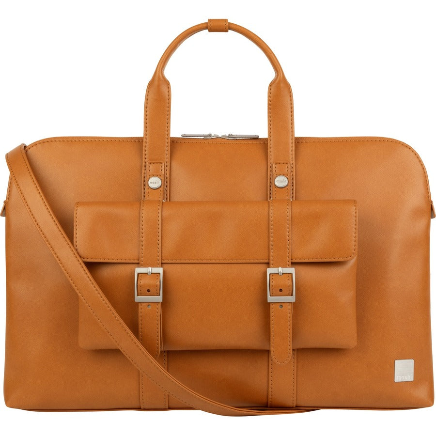 Moshi Treya Briefcase - Caramel Brown Two-in-one Messenger Briefcase for Laptops up to 13"  Vegan Leather Removable Clutch RFID Pocket