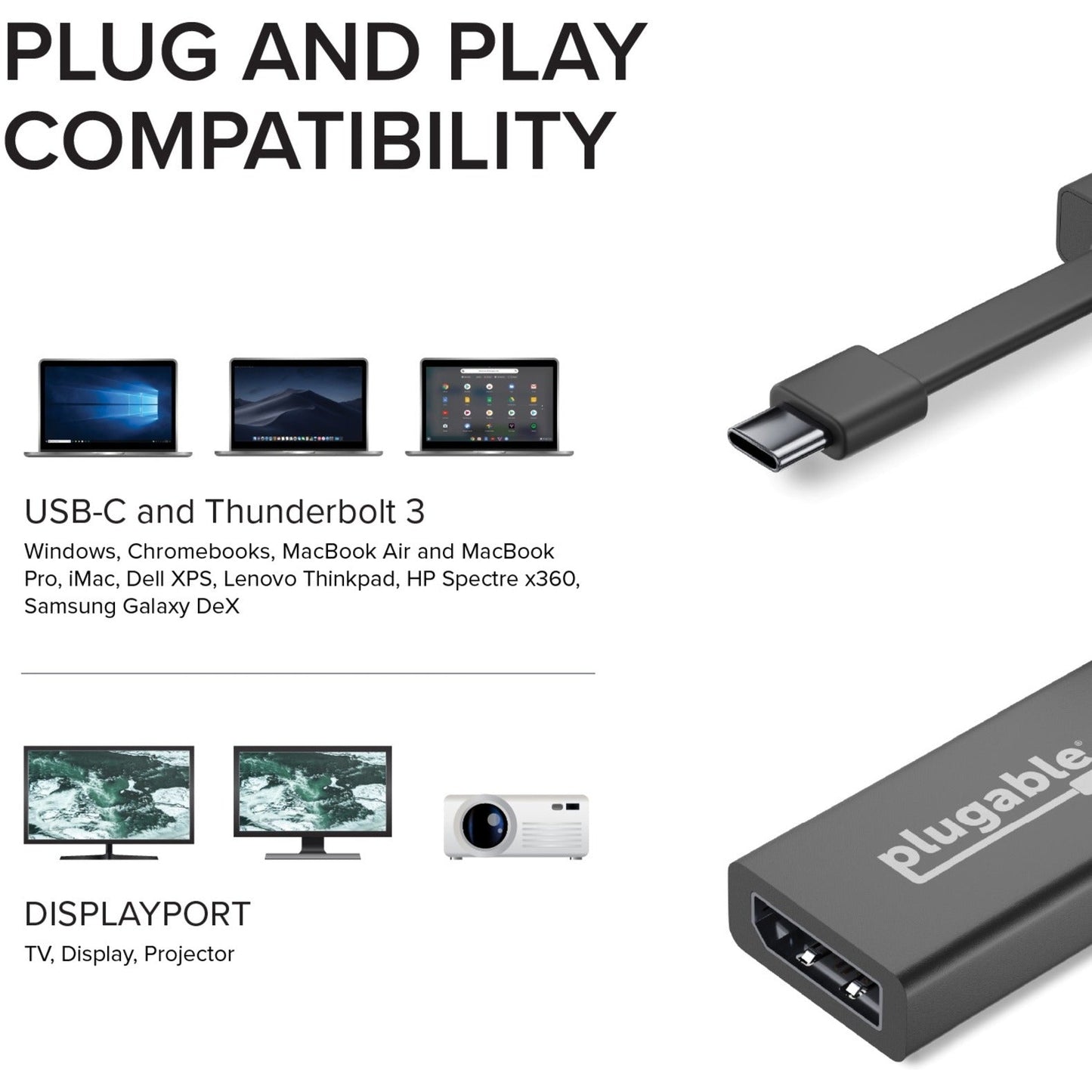 Plugable USB C to DisplayPort Adapter 4K 60Hz Thunderbolt 3 to DisplayPort Adapter