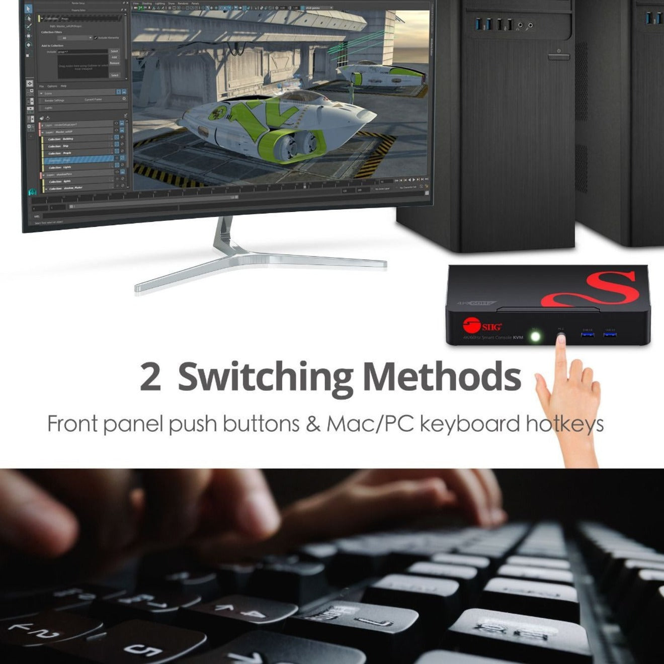 SIIG 2 Port 4K 60Hz DisplayPort 1.2 KVM Switch with USB 3.0 and Multi-Media ports