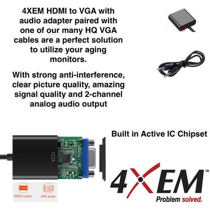 4XEM HDMI to VGA Adapter With 3.5mm Audio Cable- Black